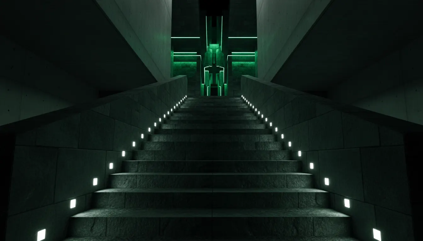 Architectural staircase leading to a lit ceremonial entrance